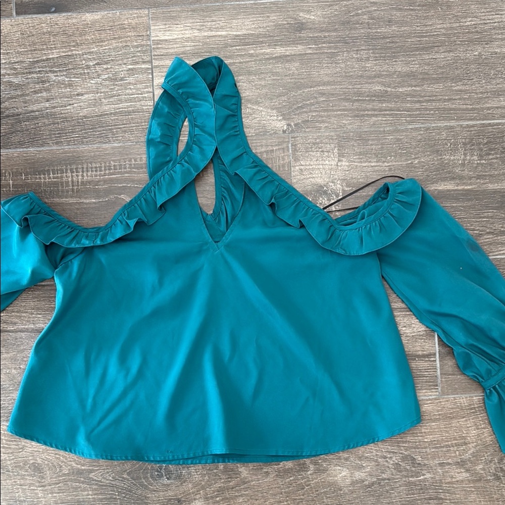 Likely Blue Ruffled Cut-Out Crop Top